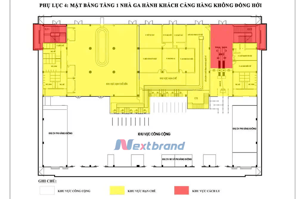 Sơ đồ bố trí tầng 1 nhà ga sân bay Đồng Hới, khu vực làm thủ tục và sảnh chờ hành khách