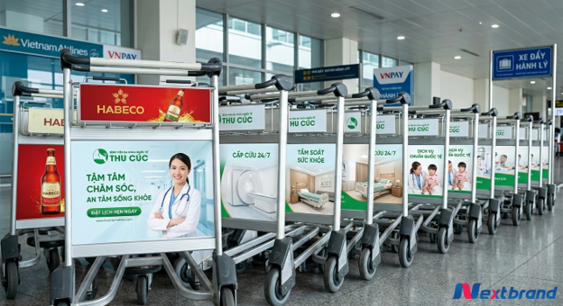 Quảng cáo sân bay cho bệnh viện trên xe đẩy hành lý trong khu vực nhà ga Quảng cáo sân bay cho bệnh viện trên xe đẩy hành lý trong khu vực nhà ga