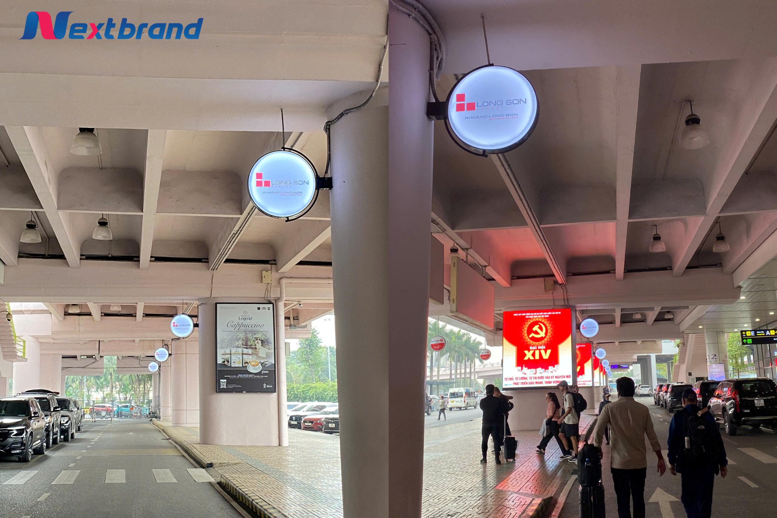 Quảng cáo biển thúc nổi tại khu vực chờ xe công cộng ga đến của sân bay